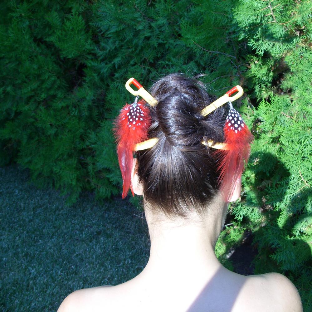 Native American Hair Sticks Fork Hairpin Hair Accessory Red Feather Boxwood Mariyaarts